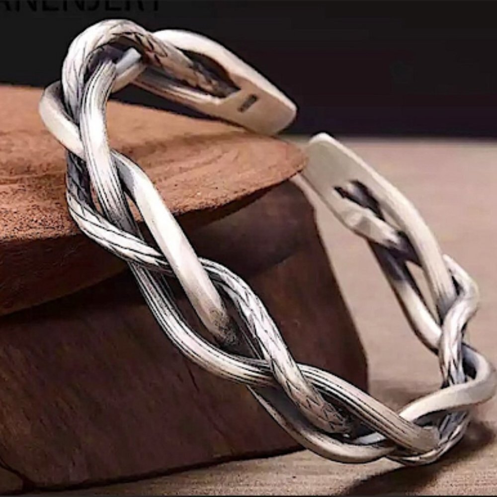 STERLING SILVER BRAIDED UNISEX BANGLE BRACELET